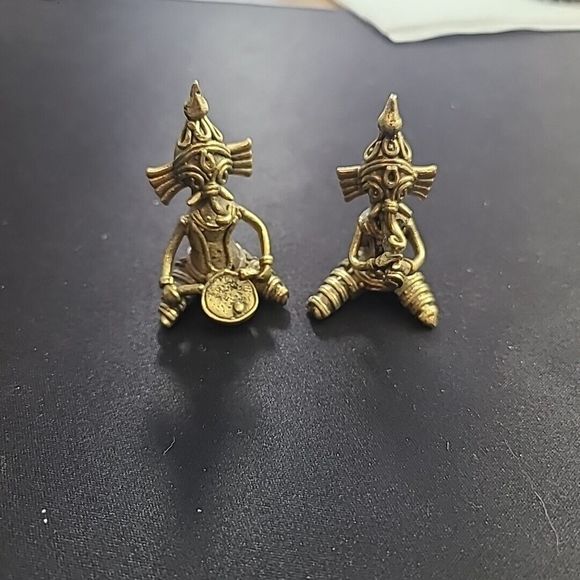 Set Of 2 Brass Miniature Musicians Wearing Elephant Mask - Picture 7 of 10